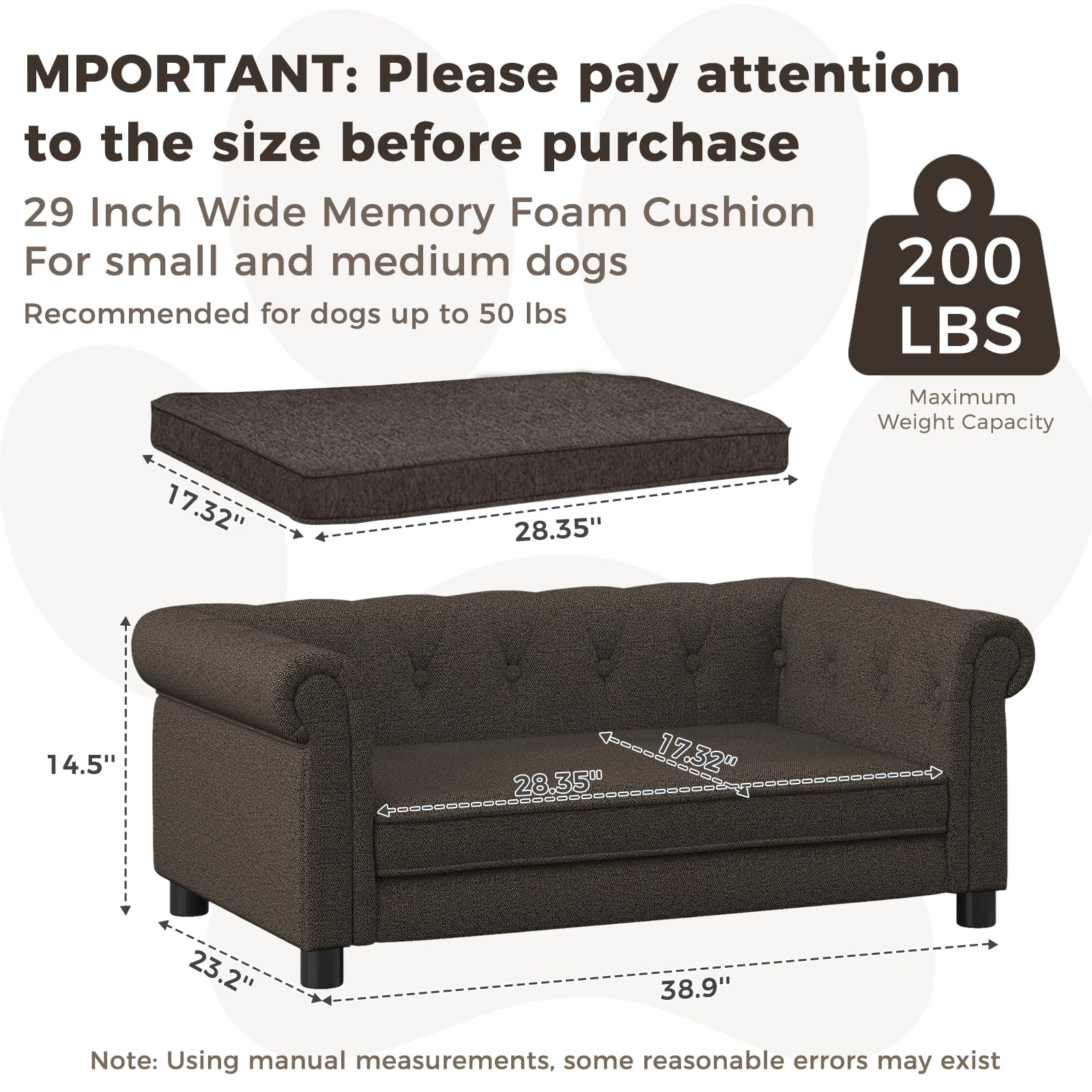 Couch For Medium Dogs Up To 50 Lbs, 29' W Memory Foam Pet Sofa With Dry Cleanable Fabric, Elevated Pet Couch Bed With Legs, 39'